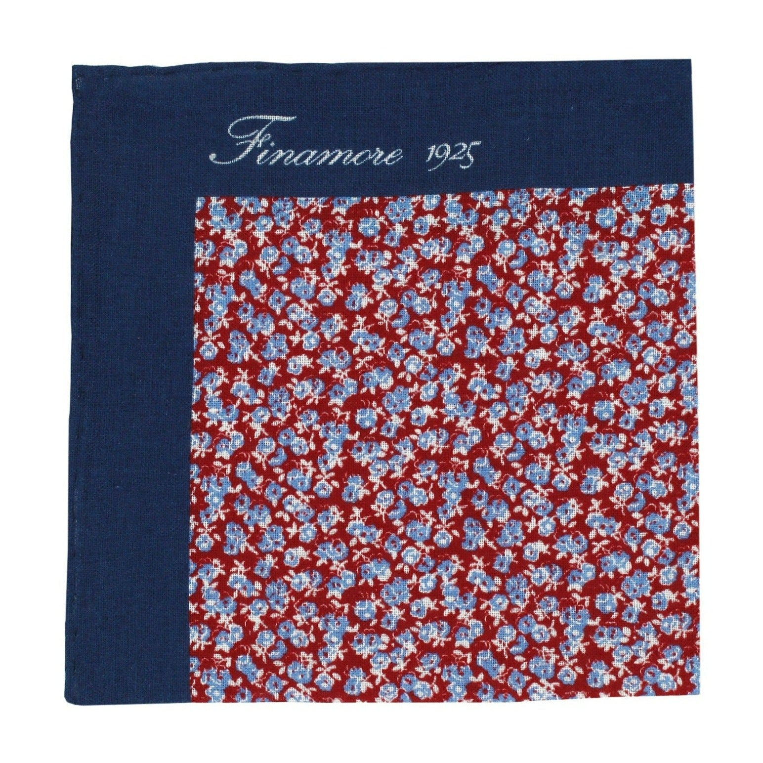 Linen pocket square blue red flower background with dark blue border
