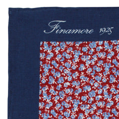 Linen pocket square blue red flower background with dark blue border