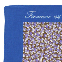 Linen pocket square brown lilac flower background with blue border