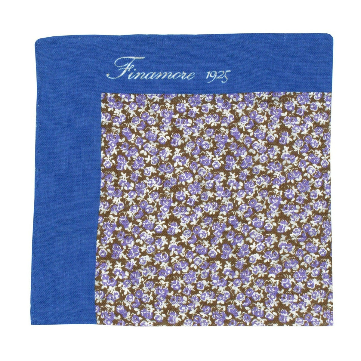 Linen pocket square brown lilac flower background with blue border
