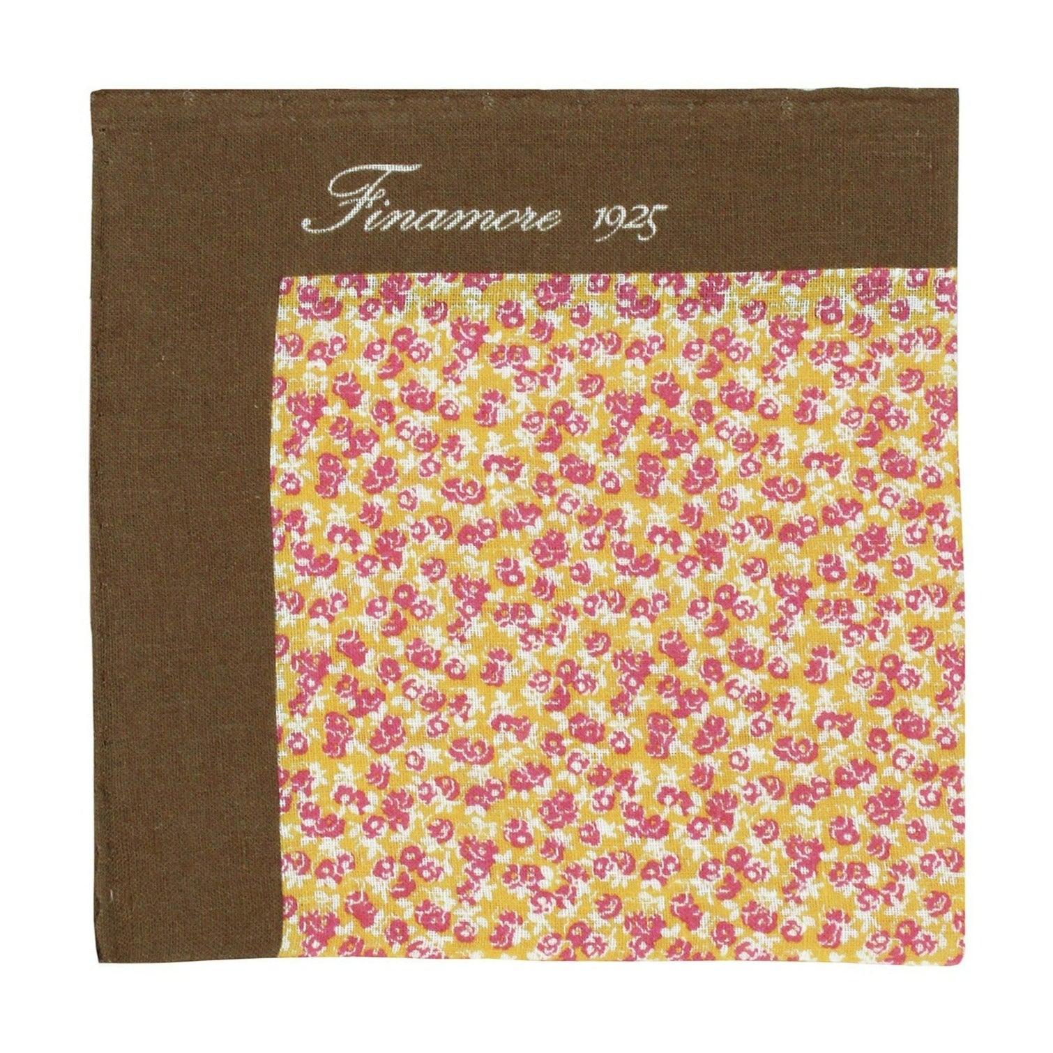 Linen pocket square pink yellow flower background with brown border