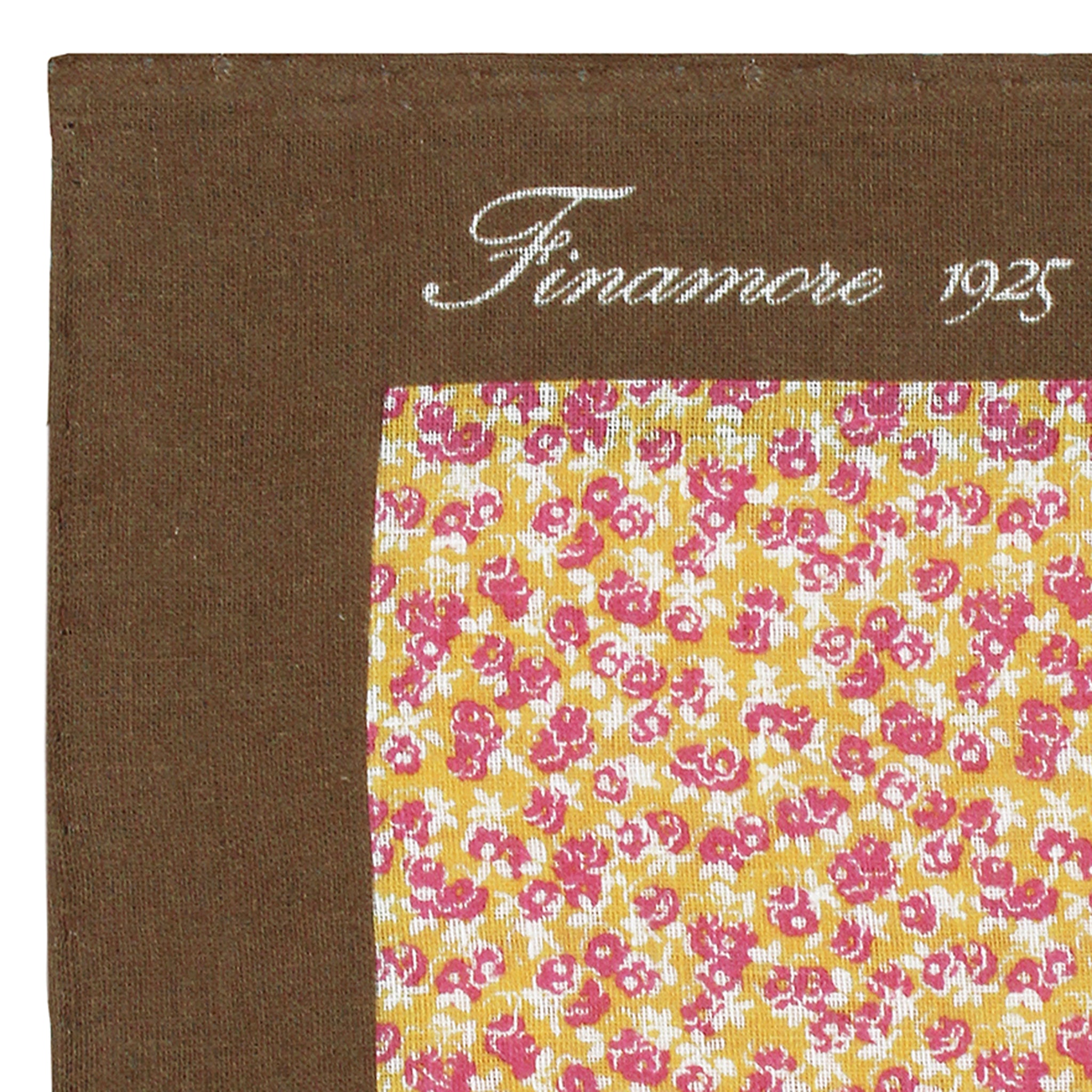 Pochette in lino fondo giallo con fiori rosa e bordo marrone