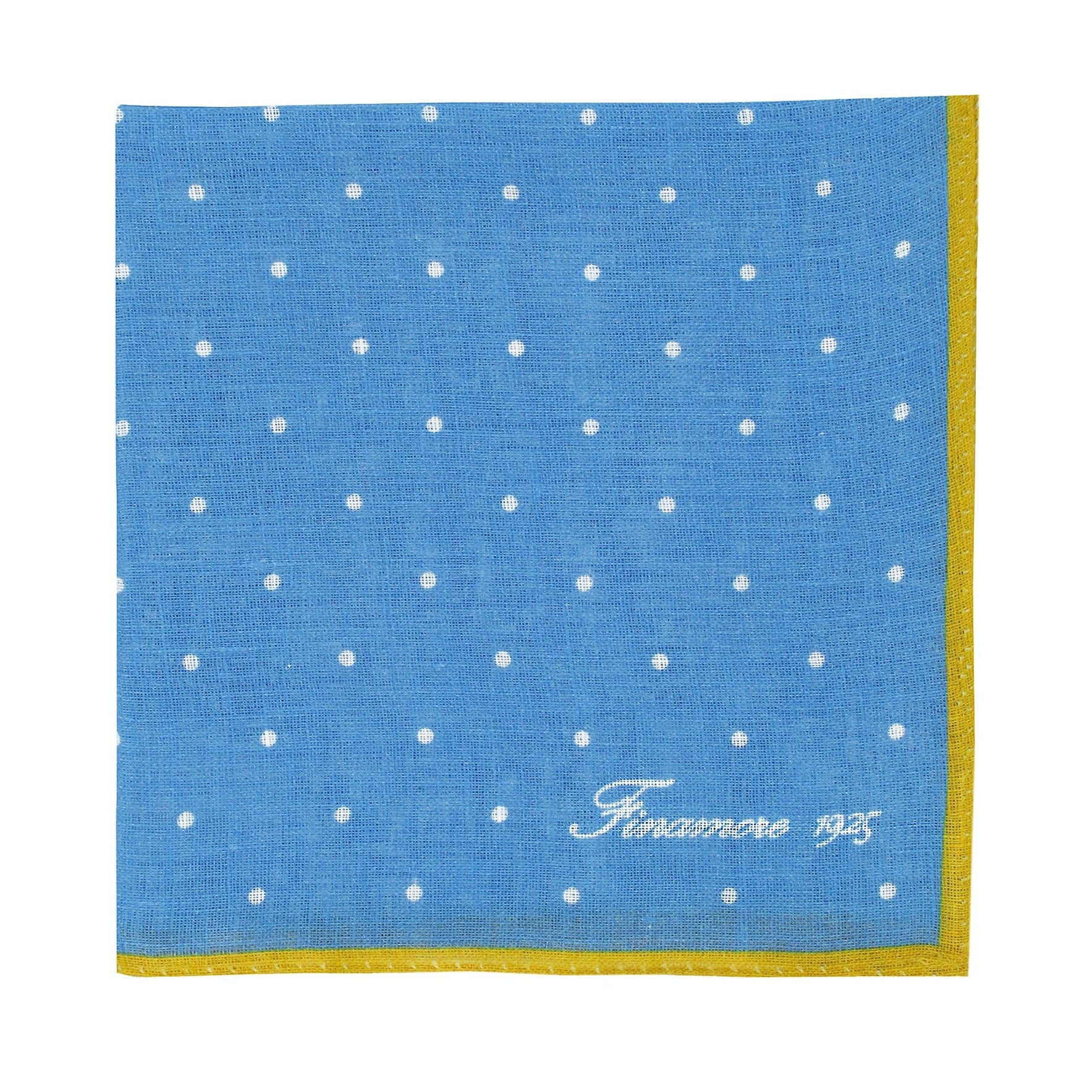 Linen pocket square with light blue background and ochre border