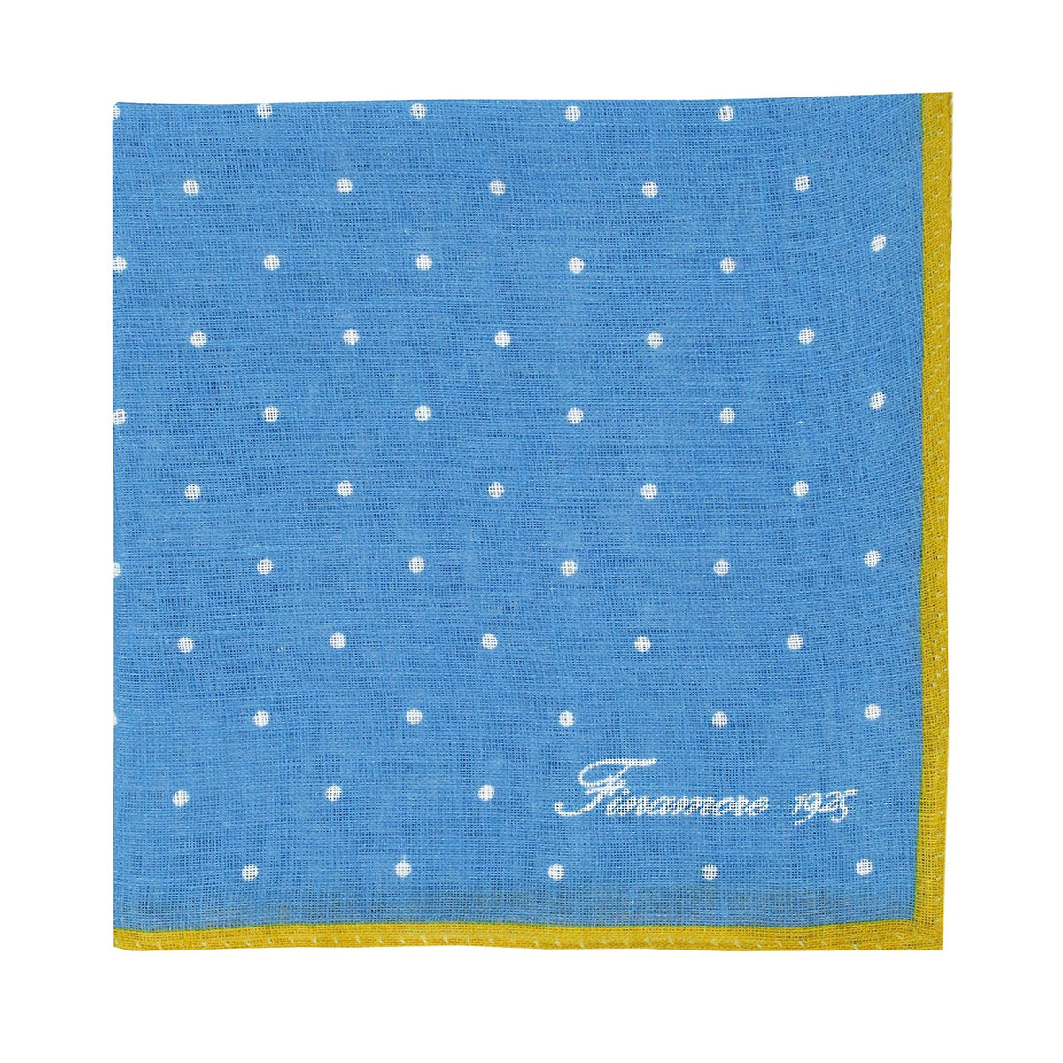 Linen pocket square with light blue background and ochre border
