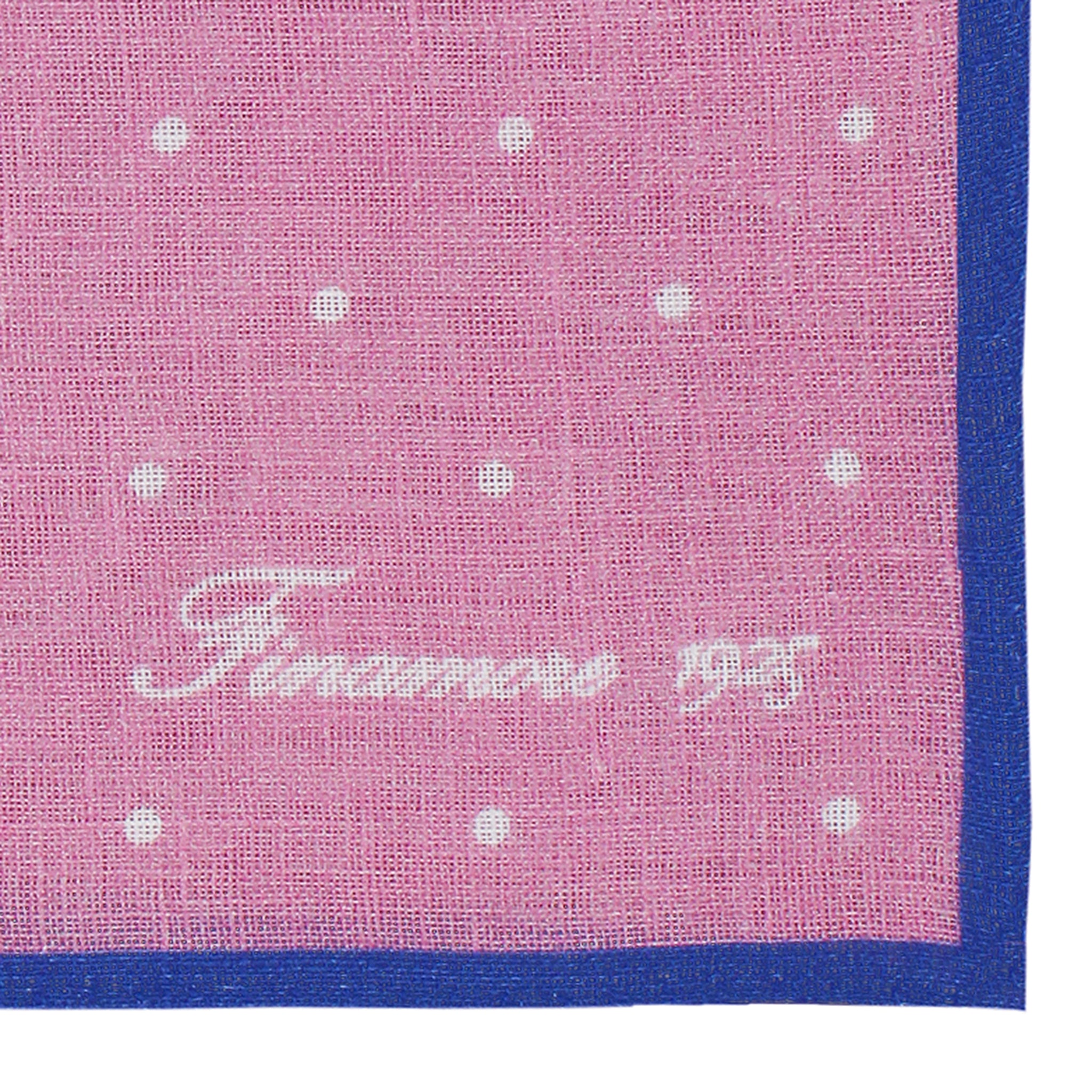 Linen pocket square with pink background and blue border