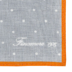Linen pocket square with grey background and orange border