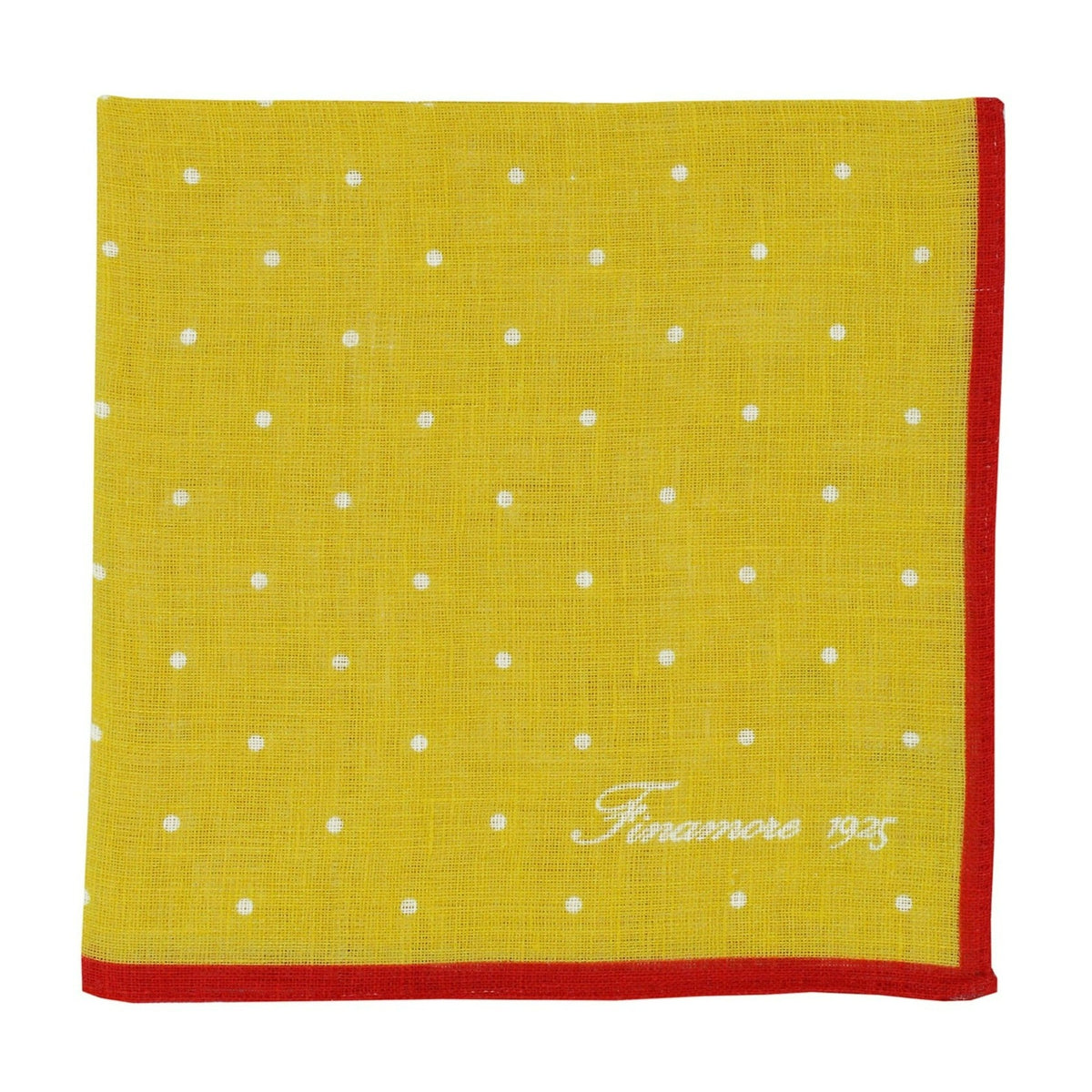 Linen pocket square with ochre background and red border