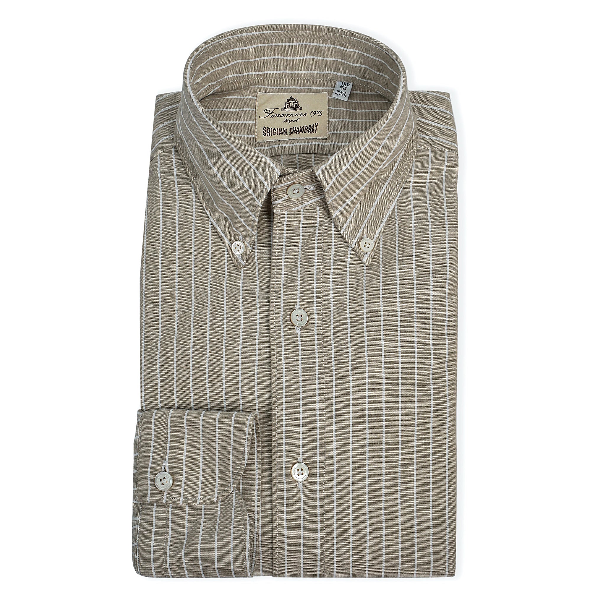 Sports shirt button-down tokyo in beige pinstriped chambray. Finamore 1925