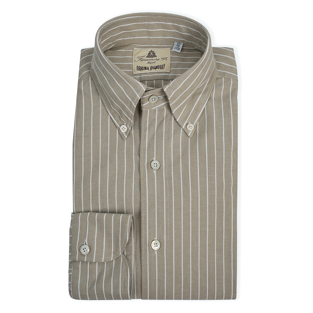 Sports shirt button-down tokyo in beige pinstriped chambray. Finamore 1925