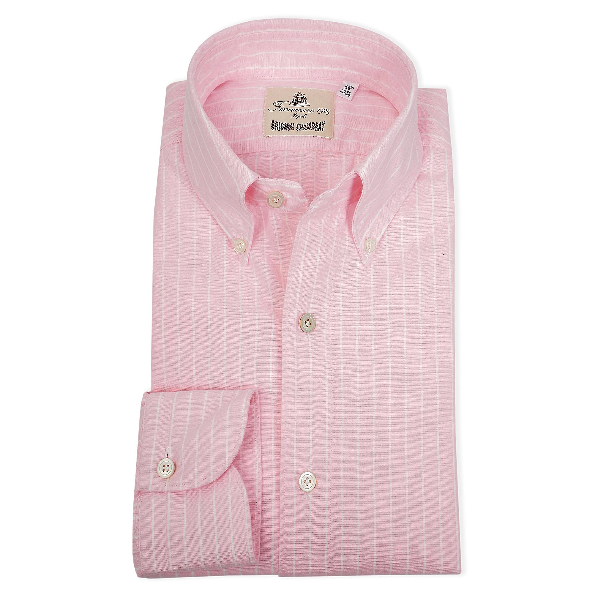 Sports shirt button-down tokyo in pink pinstriped chambray. Finamore 1925