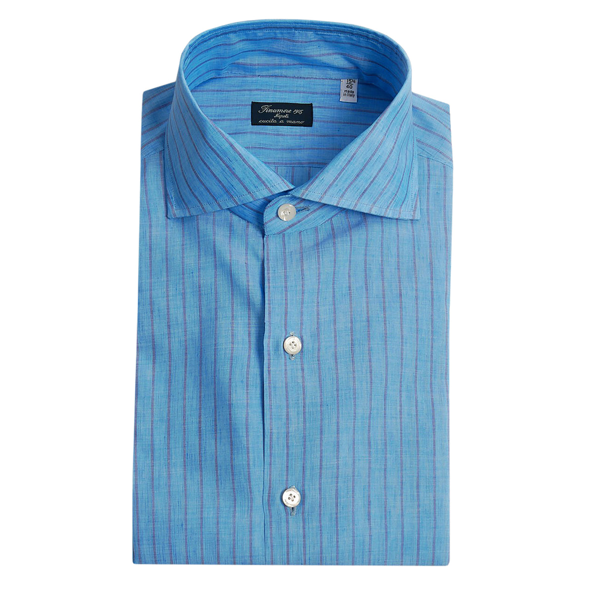 Dress shirt regular linen cotton turquoise stripes Napoli Finamore 1925