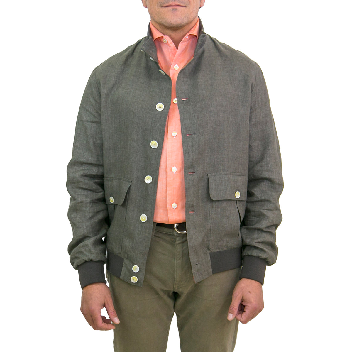 Finamore 1925 bomber jacket in green linen with jersey details